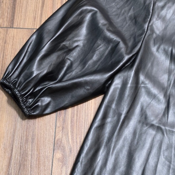 Zara Black Faux Leather Puff Sleeve Button Down Shirt Dress TunicLarge 4369/250 - Picture 4 of 12